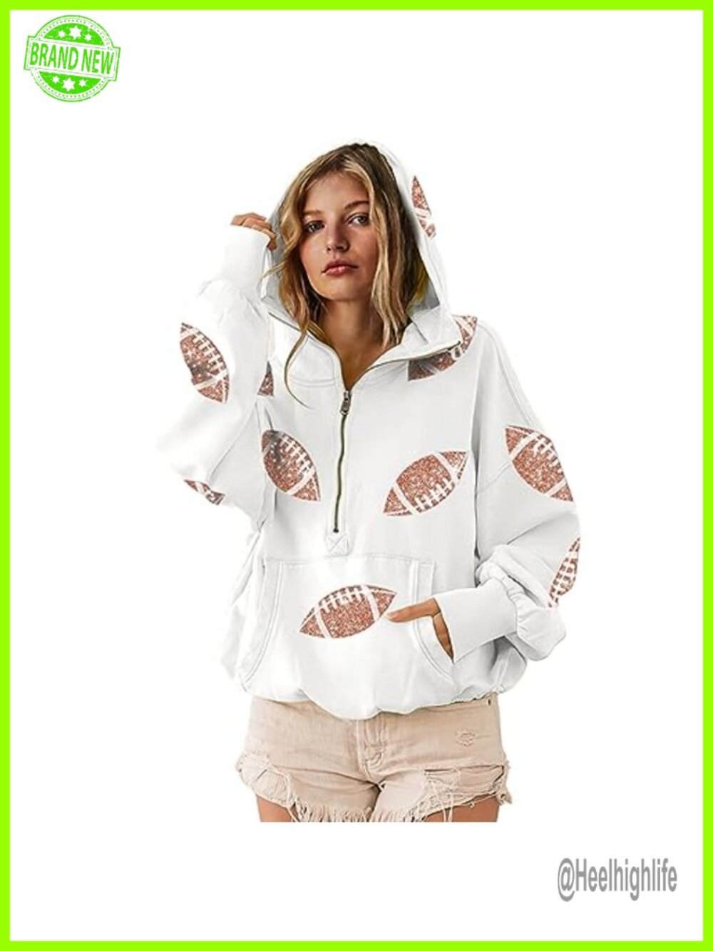 Sequin Football Hoodie Half Zip Oversized Sweatshirt Kangaroo Pocket